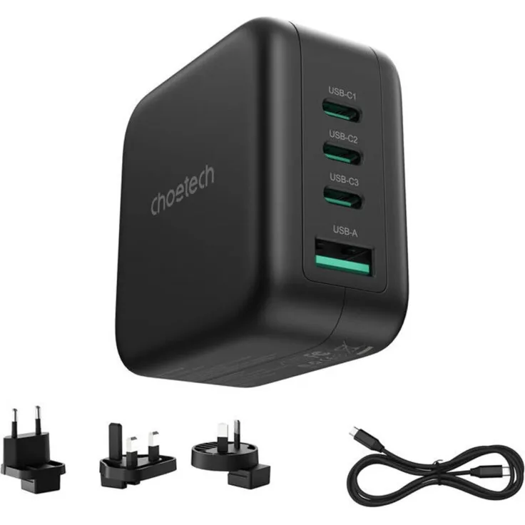 CHOETECH PD6055 70W GaN-Netzladegerät mit US-, EU-, UK- und AU-Adapter, Schwarz