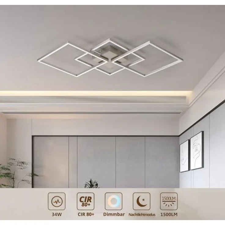 IMPTS LED Deckenleuchte Dimmbar mit Fernbedienung, 34W Metall Eckig, Modern Wohnzimmerlampe, Flurlampe, Memory-Funktion, 3000K-6500K, Nachtlicht, IP20, 862*424*47mm – Bild 5