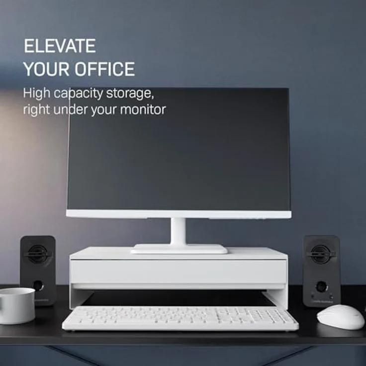 Yamazaki TOWER Monitor-Halterung Ständer mit Schublade, bis 27 Zoll, Schreibtischaufsatz mit Kabelmanagement, Schwarz – Bild 2