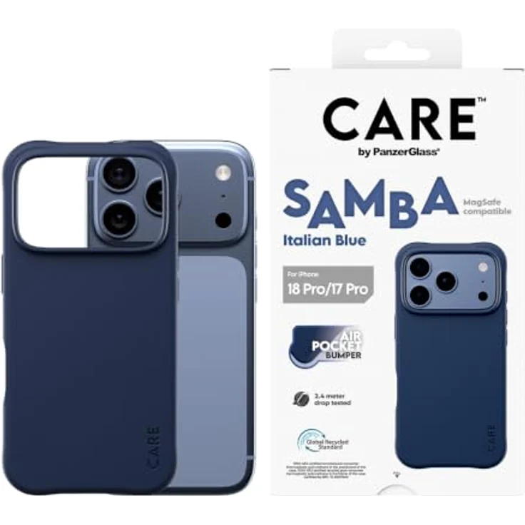CARE by PanzerGlass Samba Case Italian Blue mit MagSafe für Apple iPhone 18 Pro | 17 Pro – Sturz- und kratzfeste Schutzhülle aus selbstheilendem TPU, kompatibel mit kabellosem Laden – Bild 2