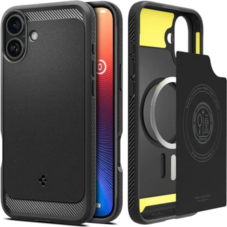Spigen Rugged Armor MagFit Hülle für iPhone 16, Kompatibel mit MagSafe Zubehör -Schwarz, Integriertes Magnet, Karbon Look, XRD-Pad, Air Cushion Technologie – Bild 1