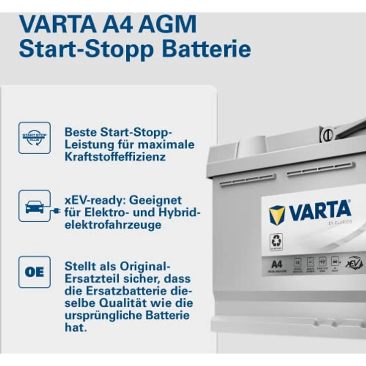 VARTA A4 Silver Dynamic AGM 12V 105Ah 950A Autobatterie für Start-Stop-Systeme, auslaufsicher und rüttelfest – Bild 2