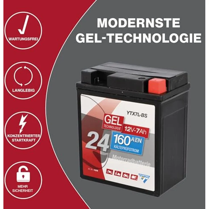 Cartec GEL Batterie YTX7L-BS, 6Ah 100A, wartungsfrei und rüttelfest, ideal für Motorräder und Quads – Bild 4