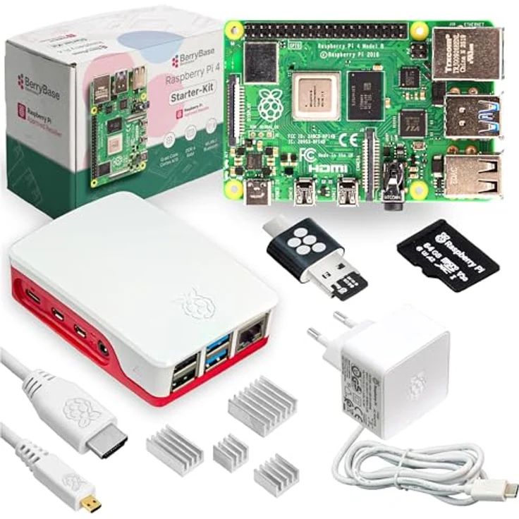 BerryBase Raspberry Pi 4 Starterkit, 64GB microSDHC mit Pi OS, Gehäuse, Netzteil und HDMI-Kabel - RAM: 8GB - Farbe: weiß – Bild 1