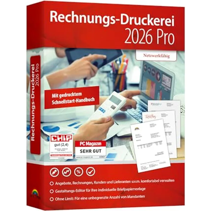 Markt + Technik Rechnungsdruckerei 2026 PRO - Bürosoftware für Unternehmer und Handwerker, kompatibel mit Windows 11, 10, 8.1, 7, inklusive E-Rechnung, intuitives Design, lebenslange Lizenz