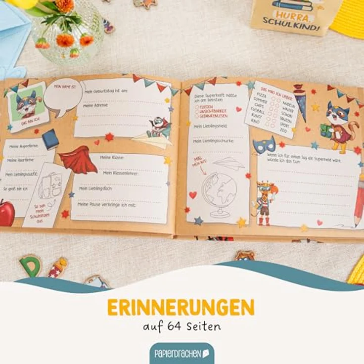 Papierdrachen Freundebuch für Kinder, Superhelden Tiere, 64 Seiten, Hardcover, buntes Design für 27 Freunde, ideale Geschenkidee zur Einschulung – Bild 3