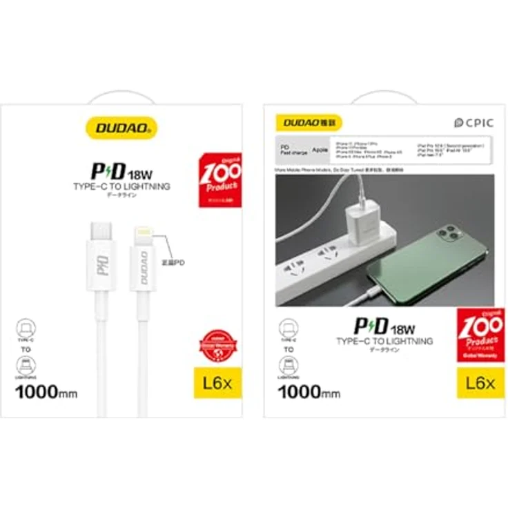 Dudao L6X USB-C - Lightning PD 20W Kabel, 1M, für schnelle Aufladung und Datenübertragung, Weiß – Bild 3