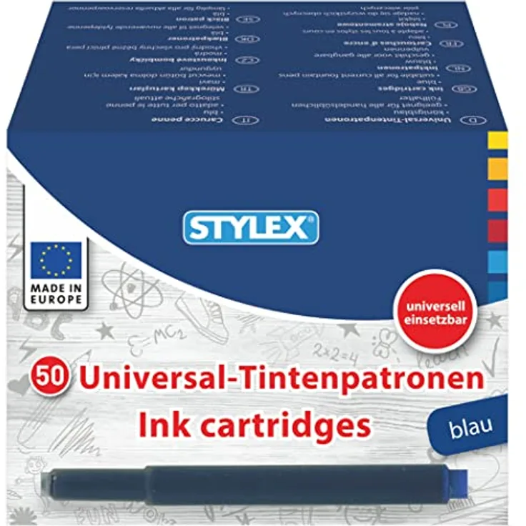 Stylex Schreibwaren 50 Universal-Füllerpatronen, königsblau, für alle handelsüblichen Füller und Tintenroller, beidseitig einsetzbar