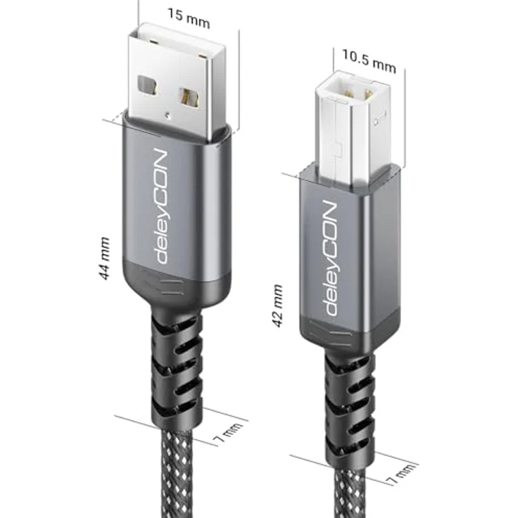 deleyCON Druckerkabel USB-B, 2 Meter geflochtenes USB-A auf USB-B Kabel mit Metallsteckern, 480 Mbit/s, kompatibel mit HP, Samsung, Epson, Dell, Lexmark, Brother und Canon – Bild 3