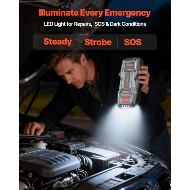 VEVOR Starthilfe Powerbank H18, 3000A Spitzenstrom mit LED-Taschenlampe, für Motoren bis 9L Benzin/7L Diesel, 16000mAh, tragbarer Booster mit Schnellladung und Sicherheitsschutz – Bild 4