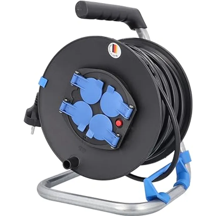 as - Schwabe Innenbereich-Kabeltrommel – 25 m Kabel-Leitung 230 V - 16 A –Trommel mit 4 Schutzkontakt-Steckdosen inkl. Schutzklappe – IP20 – Made in Germany – Schwarz I 10118
