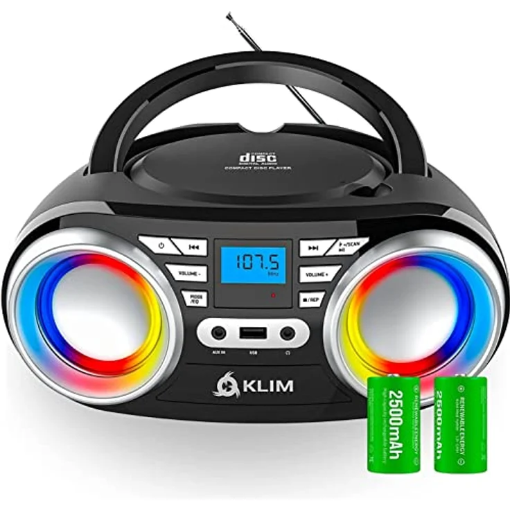 KLIM Boombox B3, Tragbarer CD Player mit FM Radio, Bluetooth, AUX, USB, RGB LED, kabel- & kabelloser Betrieb, wiederaufladbarer Akku, schwarz – Bild 1