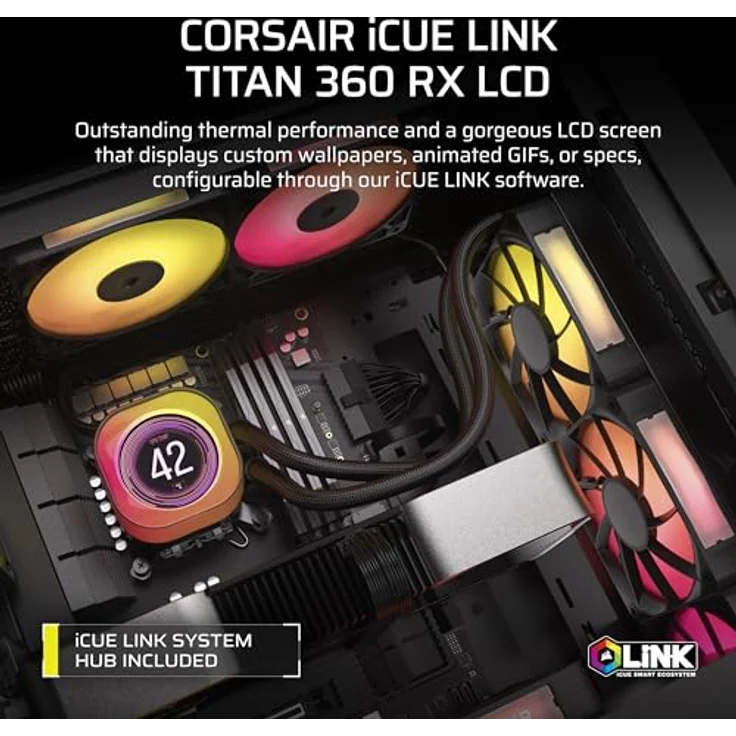 Corsair iCUE LINK Titan 360 RX LCD CPU-Flüssigkeitskühler – 360mm AIO – FlowDrive-Kühl-Engine – RGB-Lüfter – iCUE LINK-System-Hub Inbegriffen – Schwarz – Bild 2