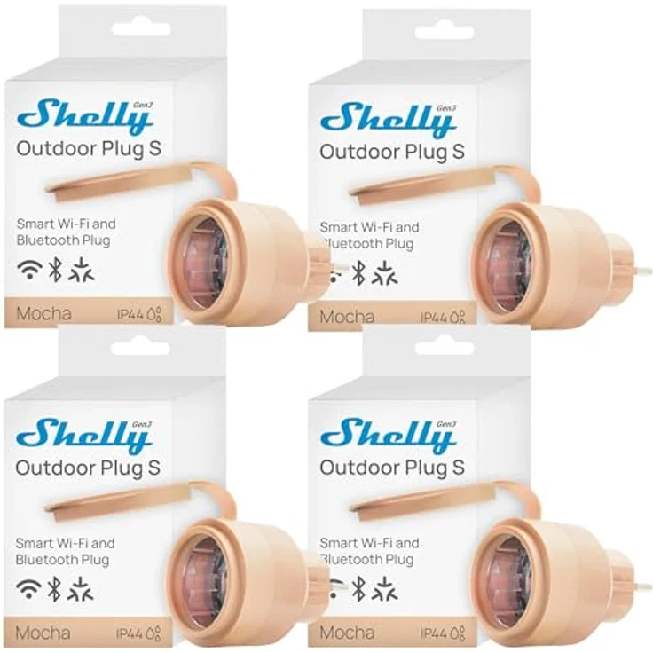 Shelly Outdoor Plug S Gen3 Viererpack, Smarte WLAN Steckdose für Außen, IP44, Matter-zertifiziert, 2500W, 12A, Energiekontrolle, kompatibel mit Alexa & Google – Bild 1