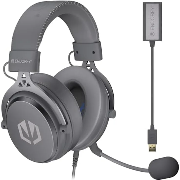 ENDORFY VIRO Plus USB Alt Gray, Gaming Over-Ear-Kopfhörer mit 53 mm Treibern, abnehmbarem Mikrofon und USB 7.1-Soundkarte, austauschbaren Stoffohrpolstern, abnehmbarem Kabel