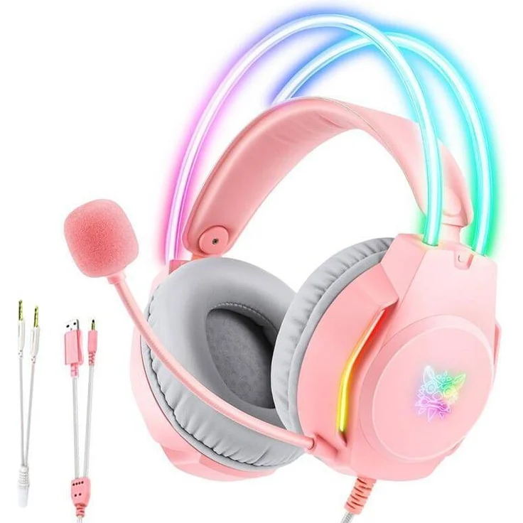 Onikuma X26 Gaming-Kopfhörer, kabelgebundenes Headset mit RGB-Beleuchtung, Hi-Fi-Sound und abnehmbarem Mikrofon, Pink