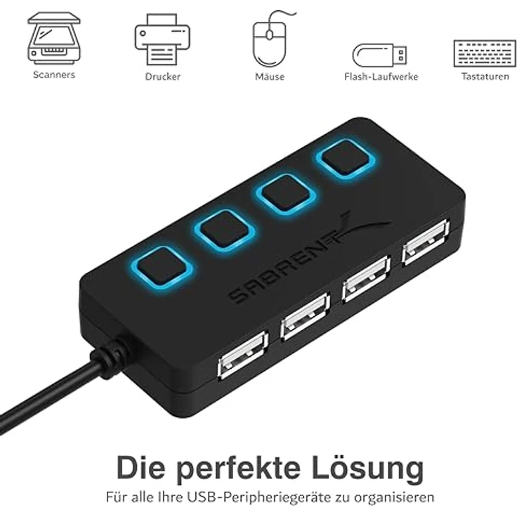 Sabrent USB HUB - 4-Port USB 2.0 Hub mit einzelnen Schalter und einzelnen LEDs (HB-UMLS) – Bild 5