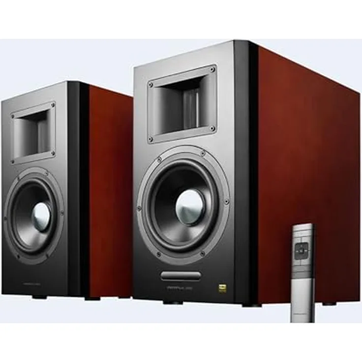 Airpulse EDIFIER AIRPULSE A300 - 2.0 Studiomonitore (160W) mit Bluetooth V5.0 (aptX), Bändchen-Hornhochtöner für präzise und klarste Höhen, vielseitige Anschlussmöglichkeiten, inkl. Fernbedienung, Kirschbaumfarben