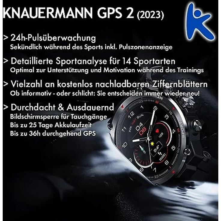 Knauermann GPS 2 (2023) Schwarz- Sportuhr Smartwatch - AMOLED-Display - Puls, Blutsauerstoff, GPS/Galileo-Empfang - BT Bluetooth - Silikonband Schwarz, 14-26 – Bild 5