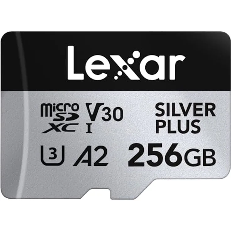 Lexar Silver Plus Micro SD Karte 256GB, Lesegeschwindigkeit bis zu 205 MB/s, Schreibgeschwindigkeit bis zu 150 MB/s, A2 U3 V30 4K UHD, mit SD Adapter, Klasse 10