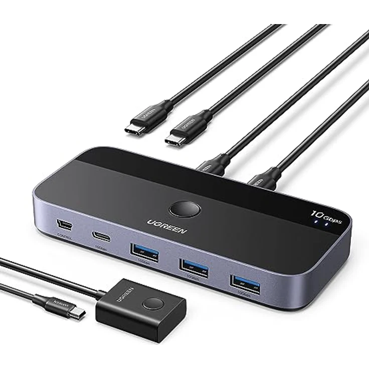 UGREEN USB C Switch 2PC, 10Gbps USB Switch 3.2, 2 In 4 Out mit Desktop Controller, Aluminiumgehäuse, 2 USB C auf C Kabel für Tastatur, Maus, Drucker, USB Stick – Bild 1