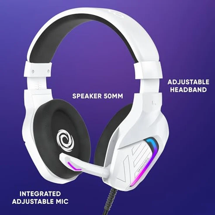 Oniverse Oniverse Gaming-Headset, kabelgebunden, 50 mm Lautsprecher, kompatibel mit PS5, PS4, Switch, Xbox, PC und Mac, verstellbares Mikrofon, LED-Beleuchtung, bequem und atmungsaktiv, Carbon Black oder Frost White – Bild 2