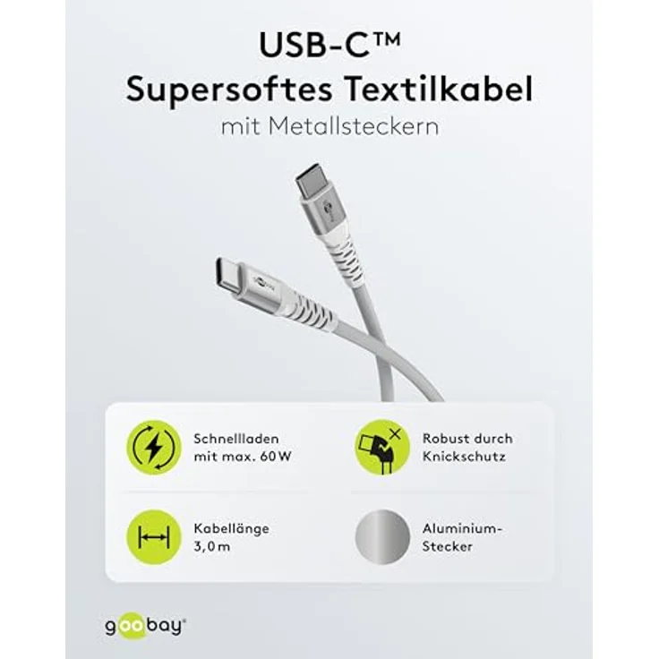 Goobay USB-C™-auf-USB-C™-Textilkabel, 3 m, weiß, mit Metallsteckern und Knickschutz, 60 W Leistung – Bild 2
