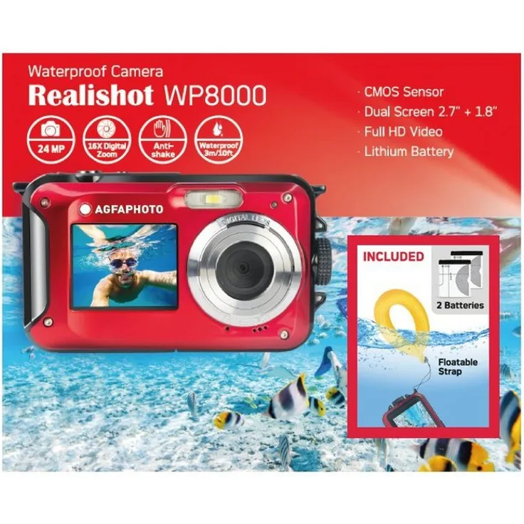 AgfaPhoto Kompaktkamera WP8000 rot Kit mit Schwimmgriff und zweitem Akku