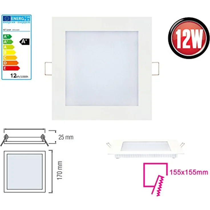 ENERGMiX 12w Ultra Falch dünn LED Panel Unterputz Einbauleuchte Eckig 170x170 mm Kaltweiss, 660 Lumen, 6000K – Bild 2
