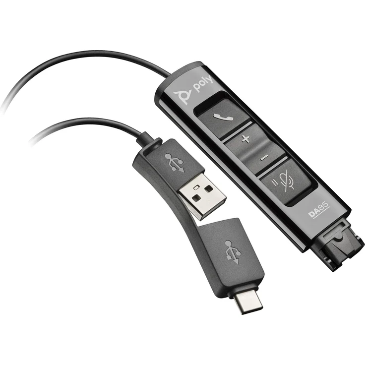 Poly DA85 QD Adapter auf USB-A oder USB-C, externe Soundkarte mit Echo-Unterdrückung und akustischem Gehörschutz