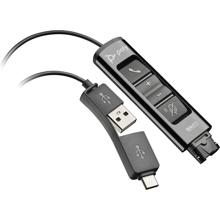Poly DA85 QD Adapter auf USB-A oder USB-C, externe Soundkarte mit Echo-Unterdrückung und akustischem Gehörschutz
