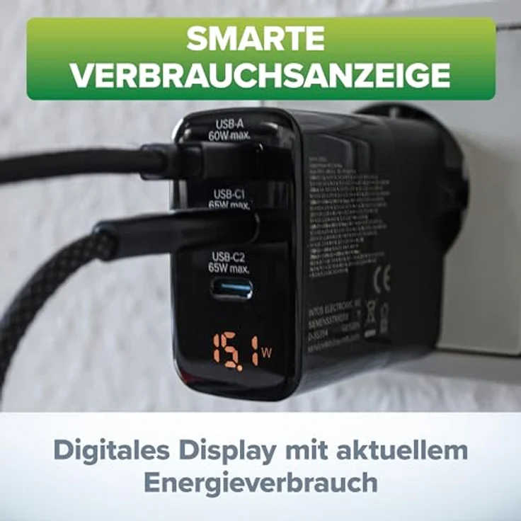 InLine USB-Ladegerät 3-Port GaN 65W mit digitalem Display und Schnellladefunktion für iPhone/Pro/Mini, Samsung und mehr – Bild 2