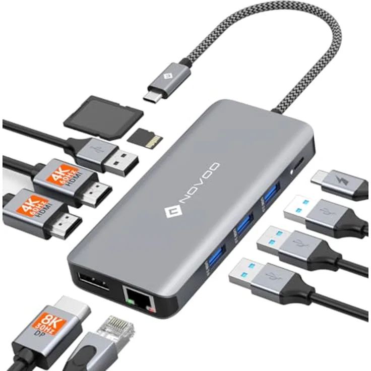 NOVOO Docking Station 4K@60Hz Triple Display USB C Hub, Dual HDMI & 4K@120Hz DisplayPort, Gigabit Ethernet, 100W PD, SD/TF, 4xUSB für MacBook und andere USB C Laptops