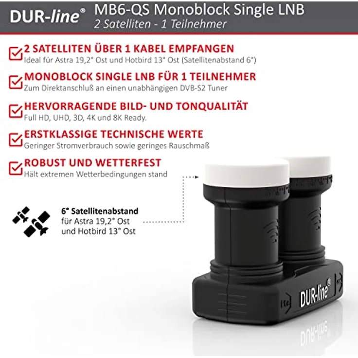 DUR-line 6° Monoblock Single LNB - Astra 19,2°E + Hotbird 13°E - 1 Teilnehmer & 2 Satelliten (MB6-US) - Doppel-LNC mit integriertem DiSEqC - Full HD, 4K, 8K, 3D - Wetterfest + Mobilfunk-Abschirmung – Bild 2