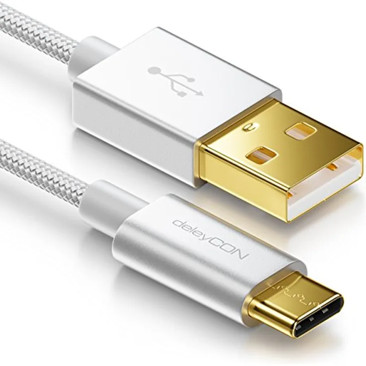 deleyCON 2m USB-C auf USB-A Kabel mit Schnellladefunktion, robustes Nylonkabel in Silber für Notebook, Smartphone und Tablet