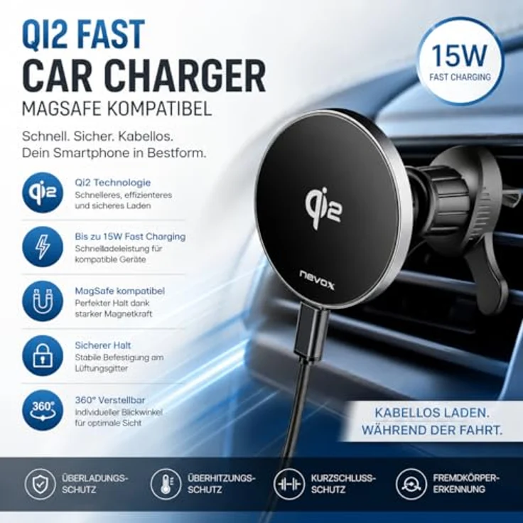 Nevox Wireless QI2 Fast Car Charger, 15Watt, MagSafe-kompatibel, schwarz-silber – Bild 2
