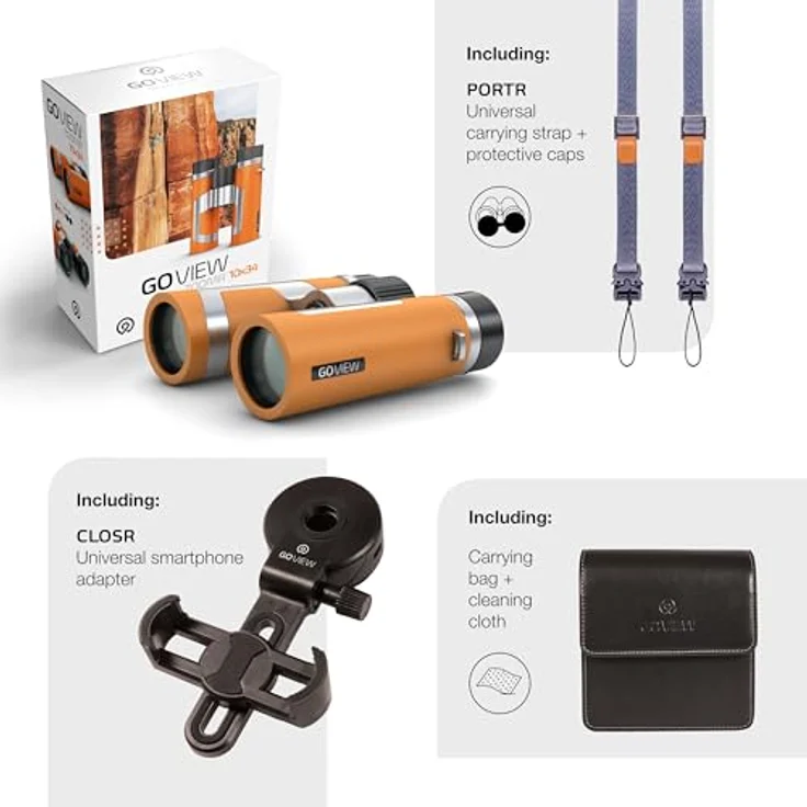 GoView ZOOMR 10x34 Kompaktes, portables Fernglas (Magnesiumgehäuse, 10-Fach Zoom, inkl. Smartphone-Adapter & Zubehör) Sunset Orange – Bild 3