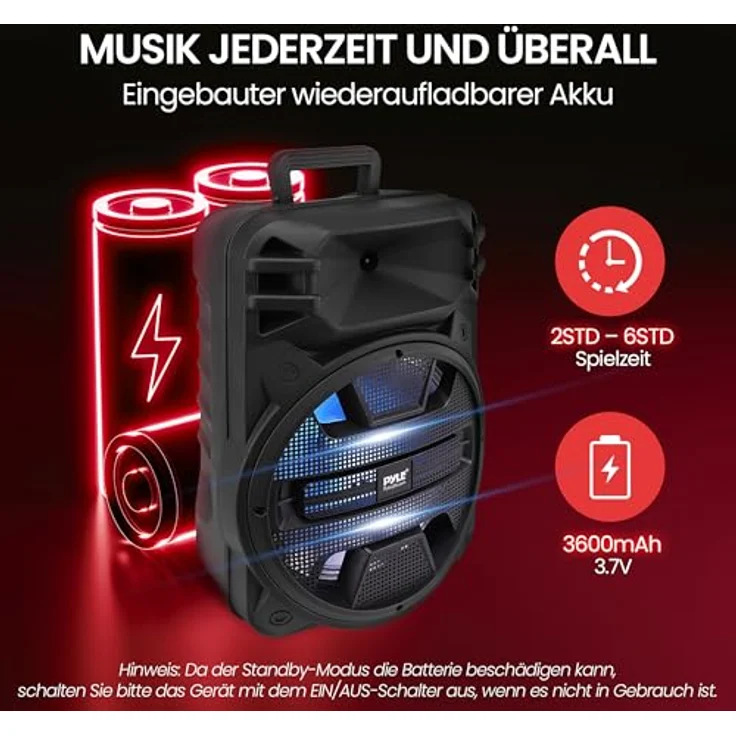 Pyle PPHP1243B, Bluetooth Musikbox mit 800W Leistung, integrierter DJ-LED-Beleuchtung, USB, MP3, SD und RCA Eingang – Bild 5