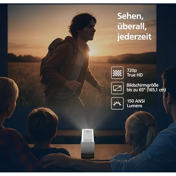 Philips NeoPix 140, Heimkino-Beamer mit 1280 x 720p Auflösung, 180 Grad drehbar, Spiegelmodus, WLAN 6, Stereo-Sound 2 x 3 Watt, Weiß – Bild 2