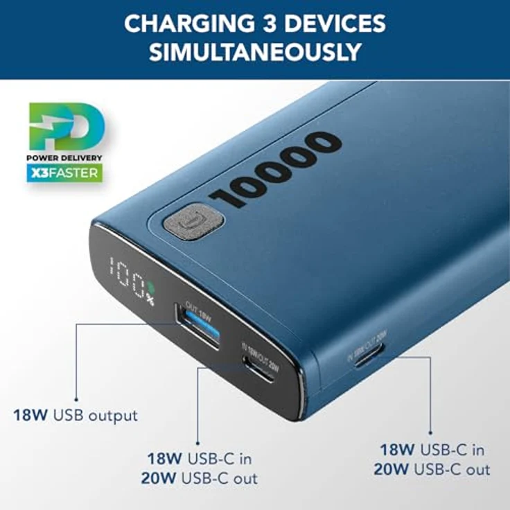 Cellularline Power Bank Elite 10000 PD Blue (60984), Tragbares Ladegerät - 10.000 mAh, 3-faches Laden, LCD-Display – Bild 3