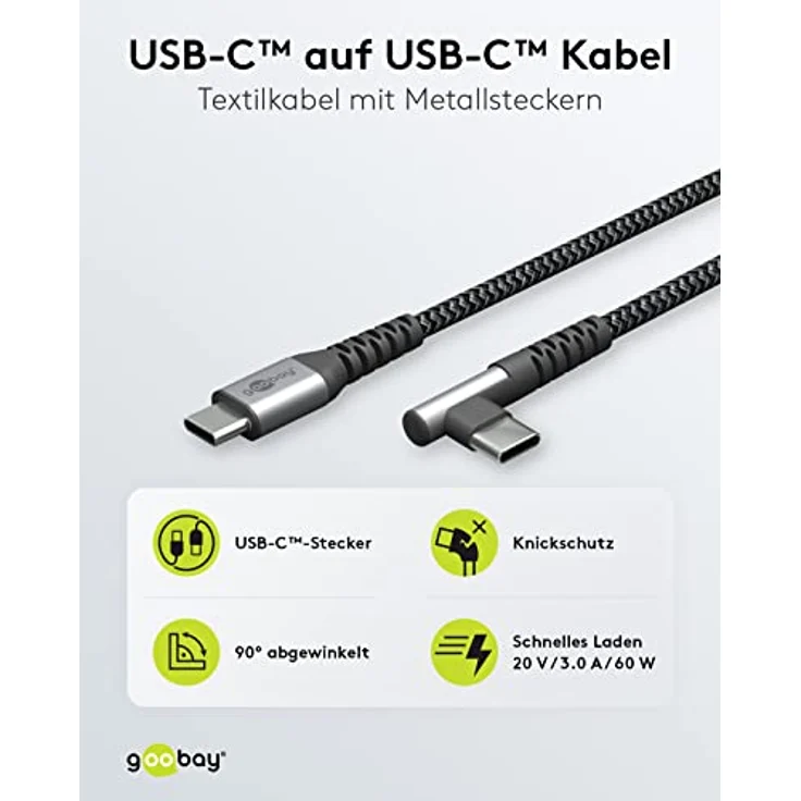 goobay 64658 USB C auf USB C Kabel mit 90 Grad Winkel/Handykabel 480 Mbits/USB C Schnellladekabel Samsung 60W & 20V / Textilkabel Grau 0,5m – Bild 2
