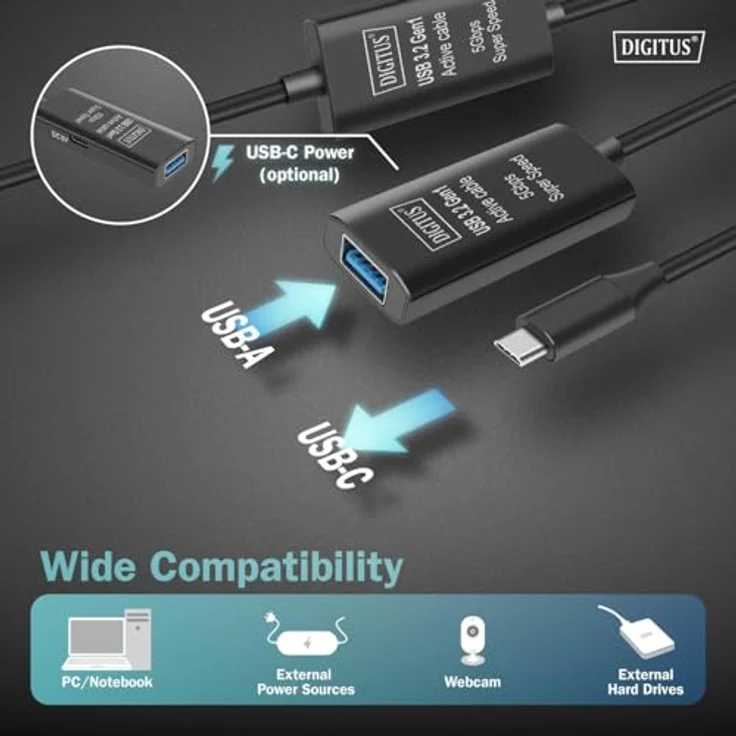 DIGITUS Aktives USB Verlängerungskabel - USB-A Buchse zu USB-C Stecker - 10 m - USB 3.2 Gen1-5 Gbit/s - Plug & Play - mit Signalverstärker - Schwarz – Bild 3
