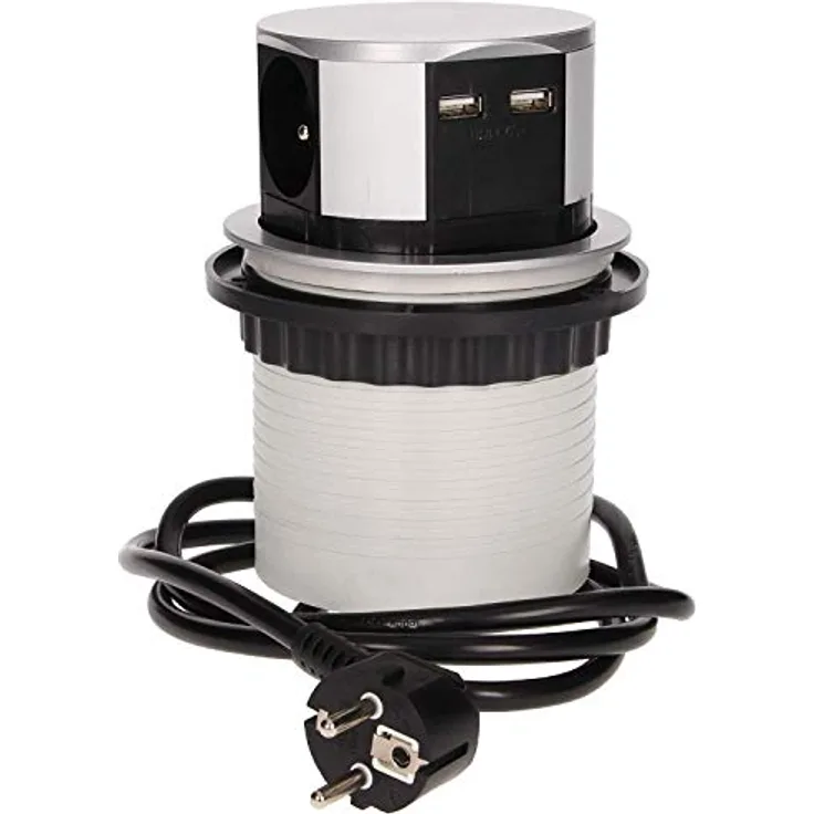 Orno OR-AE-1342 Versenkbare Einbau Steckdosenleiste, 3-fach + 2x USB, 3680W max, Ø10cm, 1,5m Kabellänge, Typ E Französisch Steckdose