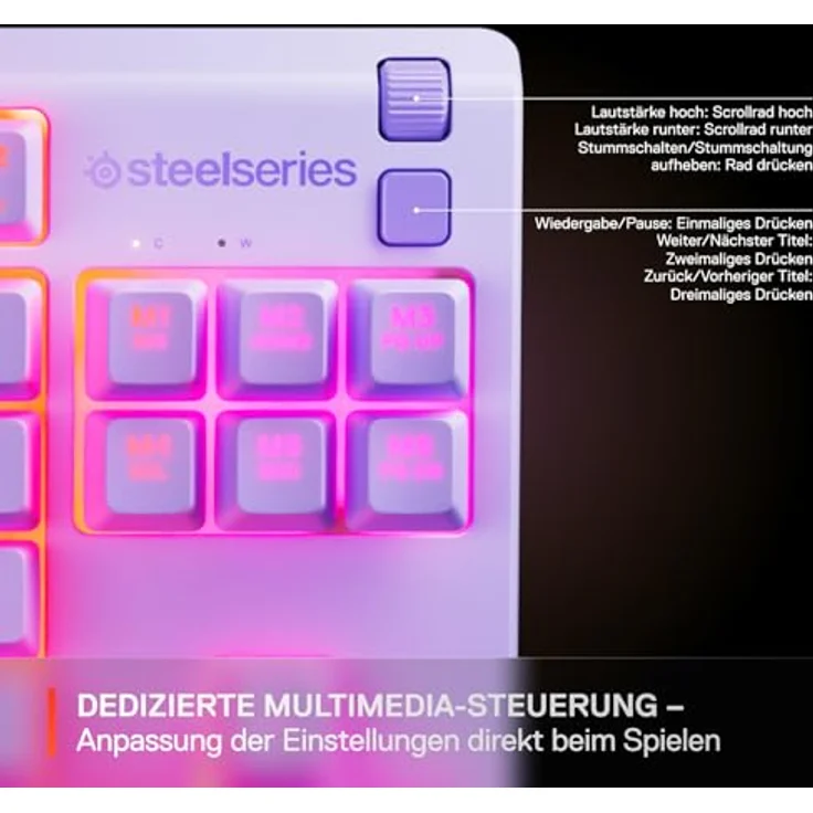 SteelSeries Apex 3 TKL Gaming-Tastatur, kabelgebunden, US QWERTY, RGB mit 8 Zonen, IP32 Wasser- und Staubschutz, Lavendel – Bild 6