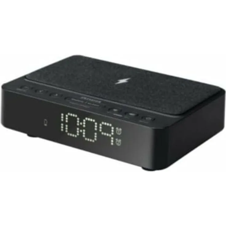 AIWA CR-30BK, Funkwecker mit 5 W kabellosem Laden, PLL-FM-Radio, 10 Senderspeichern und Dual-Alarm mit Radio- oder Piepton-Optionen, schwarz