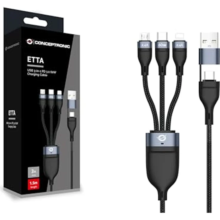 Conceptronic ETTA05B15, 3-in-1 USB-C/A Kabel mit 60W Leistung, 1,5m Länge, 480Mbps, schwarz – Bild 2