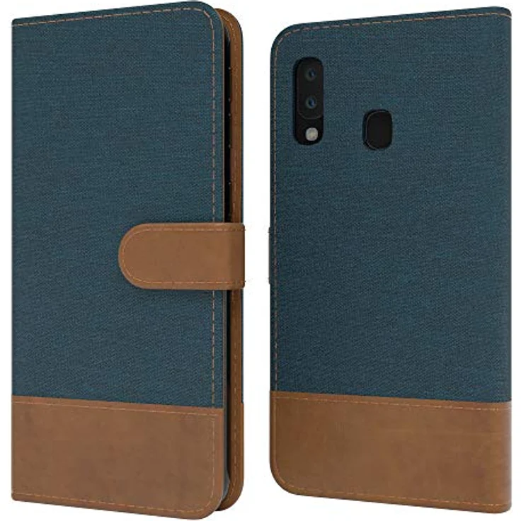 EAZY CASE Tasche kompatibel mit Samsung Galaxy A20e Stoff Schutzhülle mit Standfunktion Klapphülle im Bookstyle, Handytasche Handyhülle mit Magnetverschluss und Kartenfach, Kunstleder, Dunkelblau – Bild 1
