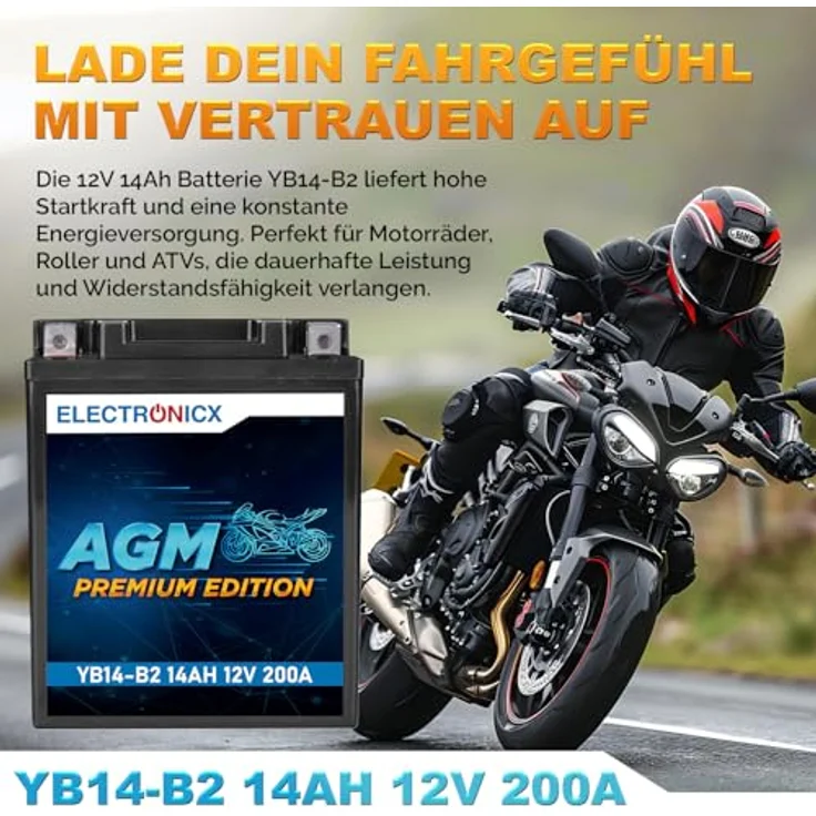 Electronicx YB14-B2 AGM Motorradbatterie, 14Ah 12V, wartungsfrei, rüttelfest, auslaufsicher für Motorrad, Roller, Quad und JetSki – Bild 2