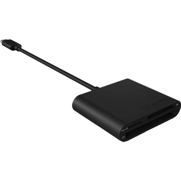 ICY BOX SD Card Reader mit USB-C, USB 3.0 Kartenleser für SD, micro SD oder CF, integriertes Kabel, Aluminium, Schwarz – Bild 1