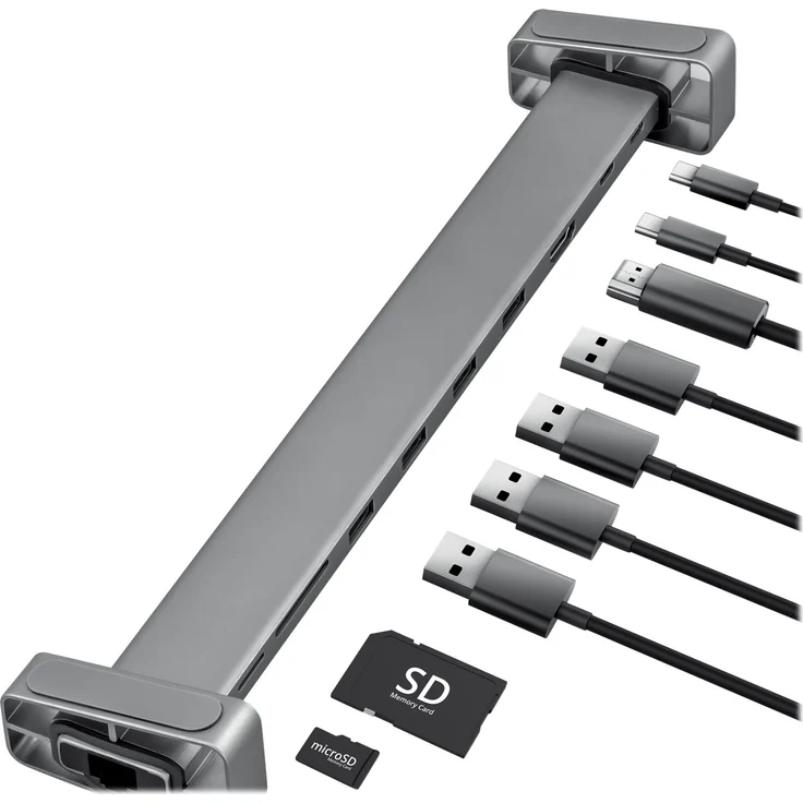 Trust Dalyx USB C Hub Multiport Adapter (10 in 1) mit Bildschirmständer, Aluminium Dongle (mit HDMI 4K-Ausgang, SB-Micro SD, 4 USB 3.2, 2 USB C Anschlüsse, Ethernet, für Typ-C-Geräte) - graun – Bild 2